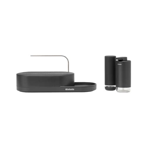 Image of Brabantia - SinkStyle Organiser Set of 3 with Organiser, Soap Dispenser, and Soap Squeezer – Compact Design, Drip Tray with Airflow, Non-Skid Tray – Mineral Infinite Grey