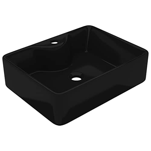Image of vidaXL Black Ceramic Bathroom Sink Basin with Faucet Hole, Compact Modern Design, Cozy High Gloss Finish, Easy-to-Clean, Above Counter Installation