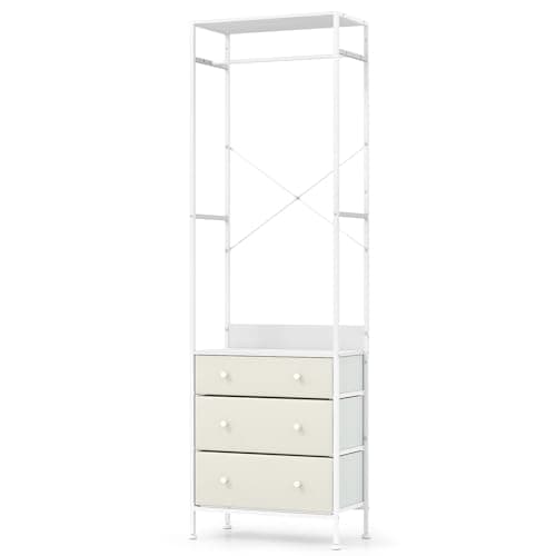 Image of Multigot Clothes Rack, Freestanding Coat Stand Garment Rack with 3-Position Hanging Rod, Storage Shelves & 3 Fabric Drawers, Metal Frame Clothes Rail Closet Organizer Open Wardrobe for Bedroom (White)