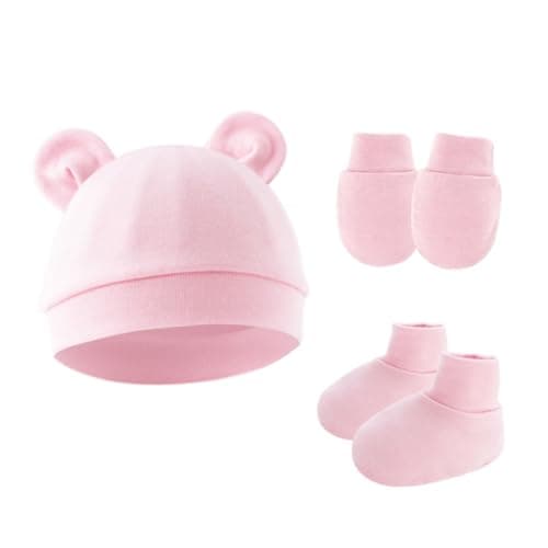 Image of Hybursky Newborn Baby Beanie Hat and Gloves Socks 3 Pack Cotton Newborn Hospital Nursing Hats Accessories for Infant Boys Girls Unisex 0-6 Months(Pink)