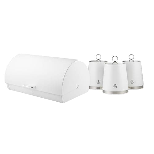 Image of SWAN Serenity Bread Bin with Ventilation, Smooth Matt Finish and Roll Top Lid, 14 Litre and Set of 3 Kitchen Storage Canisters for Tea, Coffee, and Sugar, 1.3L, White