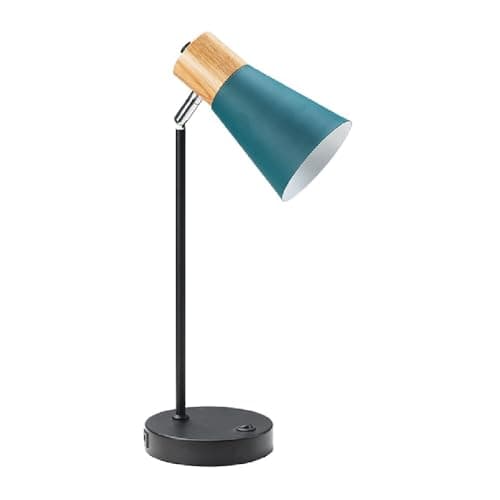Image of Matt Black Metal & Teal Green Shade Vintage Retro Table Desk Lamp with USB Port | Wooden Top Cap | 50cm Height | 1 x E14 Lamp Bulb Required | On Off Base Switch | Modern Influence | Study Light