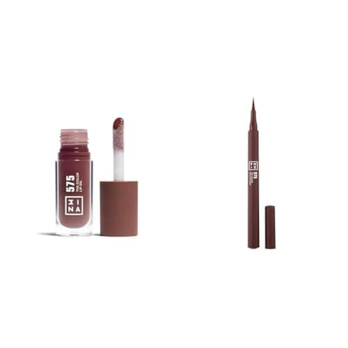 Image of 3INA MAKEUP - The Color Lip Oil 575 + The Color Pen Eyeliner 575 - Brown Gloss with 24h Hydration & Hyaluronic Acid + Brown Liquid Eyeliner 10h Longwear Formula for Sensitive Eyes -Vegan -Cruelty Free