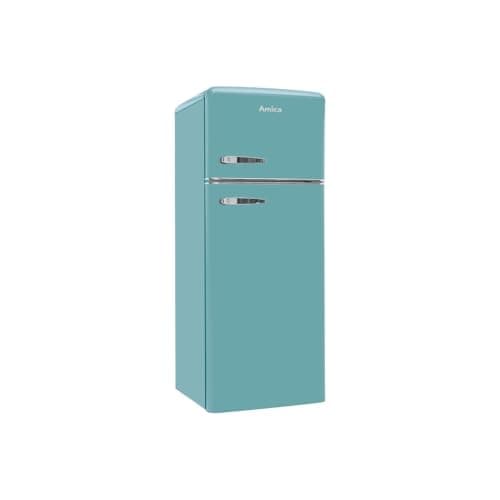 Image of Amica FDR2213DB Freestanding 70/30 Fridge Freezer with Top Mount Freezer, 206L total capacity, 144cm high, 55cm wide, Blue Retro with Chrome Handles