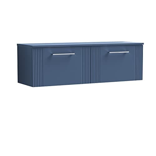 Image of nuie DPF394W2 Deco Modern Bathroom Wall Hung 2 Drawer Part Fluted Vanity Basin Unit with Double Worktop, 1200mm, Satin Blue