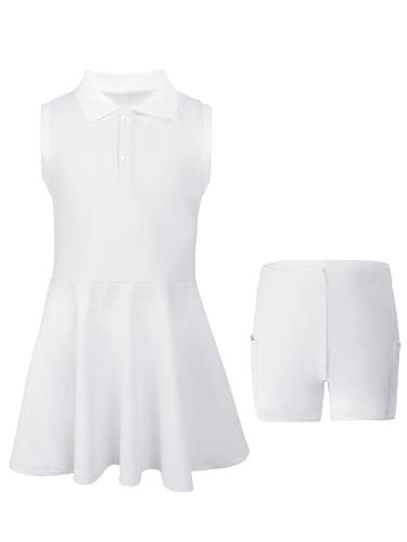 Image of SPFASZEIV Girls Tennis Dress Kids Tennis Outfit with Separate Shorts Pockets Sleeveless Children Golf Polo Dress 9-10 Years White