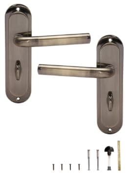 Image of Madrid Polished Antique Brass Bathroom Door Handles, Elegant Door Handle Set, Straight Handle Design, Ideal for Internal Wooden Bathroom and Toilet Doors (Antique Brass)