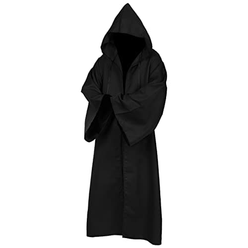 Image of SINSEN Adult Jedi Robe Hooded Cloak Costume SW Obi Wan Kenobi Cape Vampire Wizards Medieval Cosplay Uniform for Halloween Party Men (Black, 2X-Large)