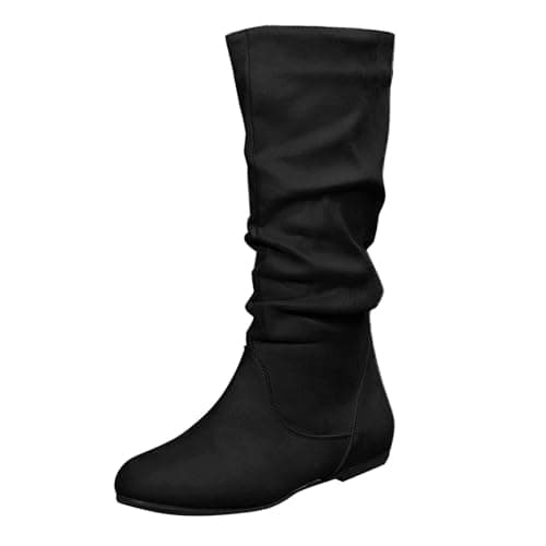 Image of Womens Suede Slouch Boots Wide Fit Mid Calf Walking Boots Ladies Flat Wide Calf Knee High Boot Lightweight Outdoor Trekking Boot Fall Winter Shoes Footwear British Style Shoes Size 3-8 Black