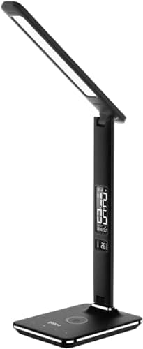 Image of groov e Ares LED Lamp - Touch Control Desk Light with Fold Design - 3 Lighting Modes, Built-in Wireless Charger, Alarm Clock, & Digital Display with Time & Calender - Mains Operated - Black