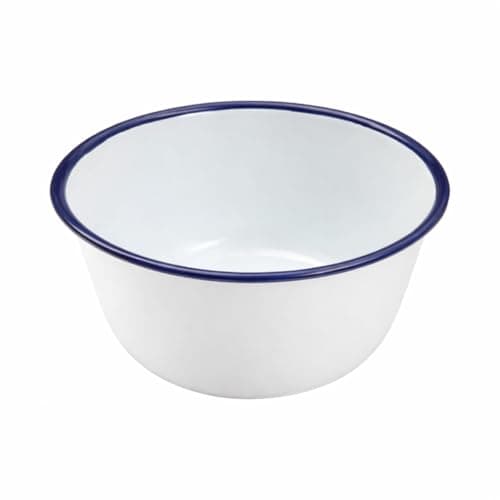 Image of Premium Quality Traditional Enamel White Blue Trim Pudding Bowl 16cm, Rice, Pasta, Dinner Plate, Round Pie Plate, Soup Plate, Mixing Bowl, Deep Dish Tableware Crockery