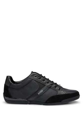 Image of BOSS Mens Saturn Lowp Mixed-Material Trainers with Suede and Faux Leather Size 5 Black