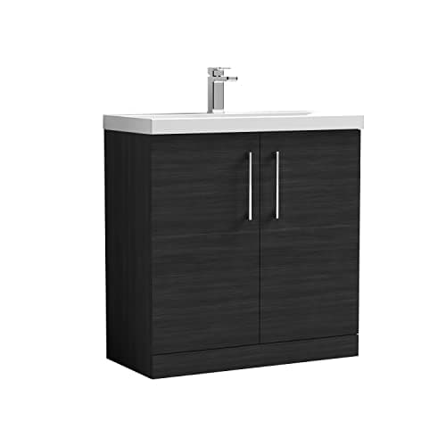 Image of nuie ARN605D Arno Modern Bathroom Floor Standing 2 Door Vanity Unit with Thin-Edge Ceramic Basin, Woodgrain Charcoal Black