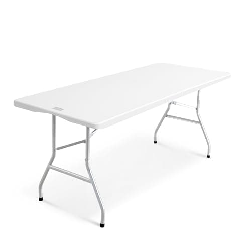 Image of KEPLIN 6ft Folding Table with White Top, 180x70x74cm – Sturdy Metal Frame, Waterproof, Portable & Easy Assembly – Ideal for Parties, BBQs, Camping (White.)