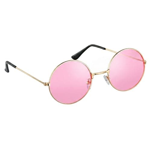 Image of Komonee Lennon Style Round Sunglasses – Pink Flat Lens Glasses Retro Vintage Hippy Tea Shades for Men & Women, Steampunk Fashion Eyeglasses, UV400 Protection Eye Wear