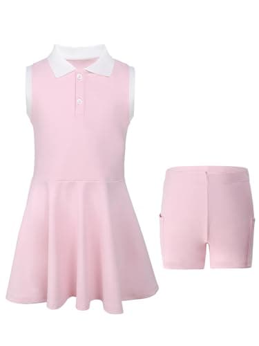 Image of SPFASZEIV Girls Tennis Dress Kids Tennis Outfit with Separate Shorts Pockets Sleeveless Children Golf Polo Dress 13-15 Years Pink