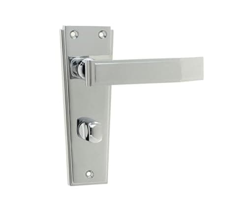 Image of Kooples Jedo Deco Door Handle on Plate – Art Deco Style Lever for Interior Doors – Chrome Finish – Elegant Backplate Design – Durable Zinc Alloy – Easy to Install (Bathroom Plate, Polished Chrome)