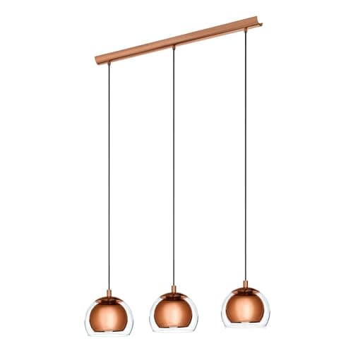 Image of Eglo Ceiling Light Fitting Rocamar with 3 lampshades, Pendant Lighting Made of Copper-Coloured Steel and Clear Glass, Hanging lamp for Dining Table and Living Room, E27 Socket