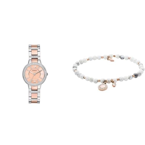 Image of FOSSIL Women's Virginia Two-Tone Stainless Steel Watch and Wellness White Semi-Precious Bracelet, Set