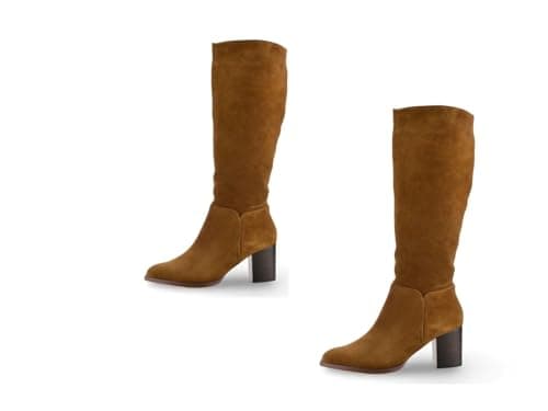 Image of Ladies Leather Knee High Boots, Tan Suede, Block Heel 2.5 Inch, Zip Up Style, 14 Inch Height, 15 Inch Calf Width (Tan, 3, UK Footwear Size System, Adult, Women, Numeric, Medium, 3)