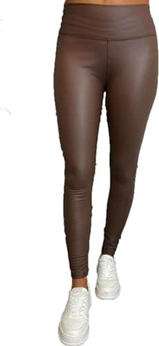 Image of STAR FASHION Ladies High Waist Faux Leather Elastic Wet Look Soft Stretchy PU Leggings Thick Hip Push Up Pants Stretchy Fleece Tight Fit Trouser Chocolate 12-14