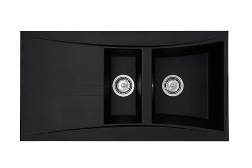 Image of Liquida SEV150BL 1.5 Bowl Composite Reversible Black Kitchen Sink and Waste Kit
