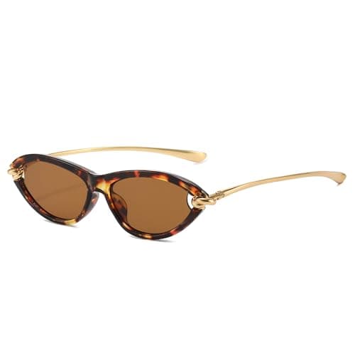 Image of YAMEIZE Retro Cat Eye Sunglasses for Women Vintage Small 90S Oval Cateye Sunglasses Gold Frame UV400 (Leopard Brown)