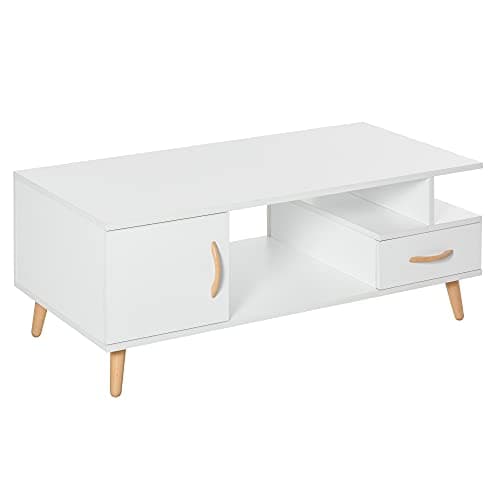 Image of HOMCOM Modern Minimalism Coffee Table with Storage, Sofa Side Table with Shelf & Drawer for Living Room Reception Room, White