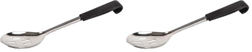 Image of Vogue Professional Black-Handled Large Slotted Serving Spoon | 340mm | Stainless Steel | Perforated | Dishwasher Safe | CS911 (Pack of 2)