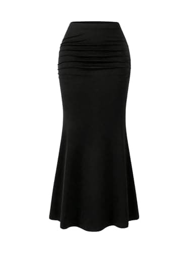 Image of GORGLITTER Women's High Waisted Fishtail Ruffle Midi Skirts Ruched Bodycon Elegant Going Out Skirt Black X-Small