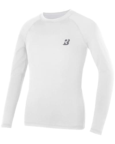 Image of Roadbox Boys Long Sleeve Compression Shirt, Kids Base Layer, Quick Dry, Breathable Sports Top for PE, Football White