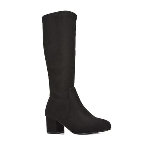 Image of ESSEX GLAM Women's Heeled Long Boots Ladies Low Mid Block Heel Stretch Black Faux Suede Knee High Boots Size 5