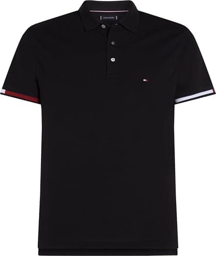 Image of Tommy Hilfiger Men’s Short Sleeve Flag Cuff Slim Fit Polo Shirt, Black (Black), S