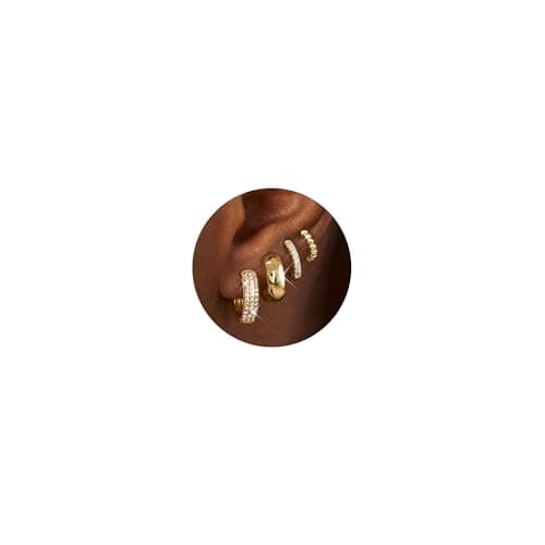 Image of Gold Hoop Earrings for Women - 4 Pairs Hypoallergenic Gold Earrings Small Huggie Hoop Earring Non Tarnish Chunky Cartilage Hoops Lightweight Sleeper Earring Stack Jewellery Gifts 14K Gold Plated