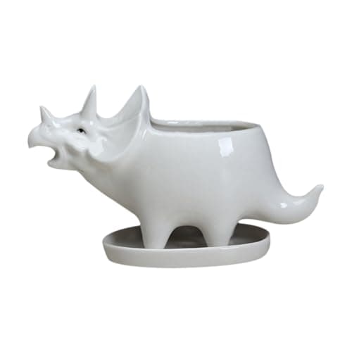 Image of TIDTALEO Triceratops Adorable Cartoon Style Ceramic Flowerpot with Tray Easy to Plant Planter for Cactus and Plants for Home and Bookshelf Gardening Decoration