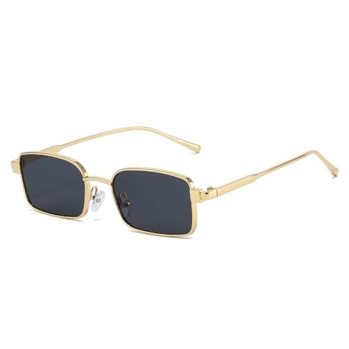 Image of YAMEIZE Retro Small Gold Rectangle Sunglasses Women Men Narrow Square Metallic Sunglasses Vintage 90s Metal Frame (Gold Black)