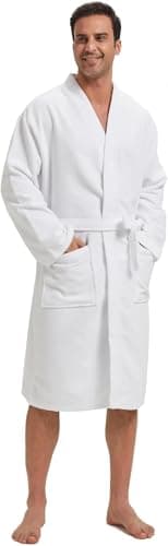 Image of Amazon Essentials Men's Lightweight Waffle Bathrobe (Available in Big & Tall), White, M-L