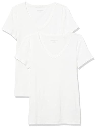 Image of Amazon Essentials Women's Slim-Fit Short-Sleeve V-Neck T-Shirt, Pack of 2, White, L