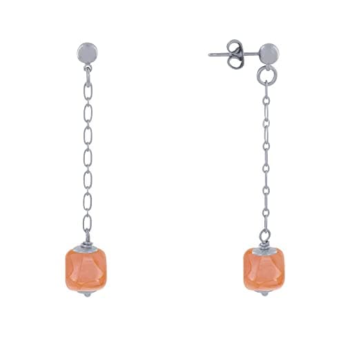 Image of LES POULETTES BIJOUX - Silver Brass Earrings Chain and Ceramic Cube - Orange
