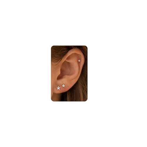 Image of HANLI 3 Pairs Silver Flat Back Earrings for Women Hypoallergenic Sterling Silver Post Helix Piercing Jewellery Small Star Stud Cartilage Tragus Earring Gifts for Teenage Girls