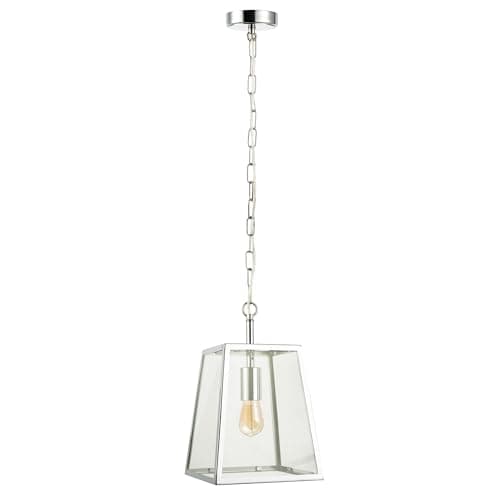 Image of Happy Homewares Classic Lantern Pendant Ceiling Light in Polished Chrome with Clear Glass Sides | 138cm Maximum Height x 22cm Width | 1 x 11w LED