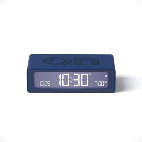 Image of Lexon Flip Mini digital alarm clock, On Off LED clock with Adjustable Brightness, Rechargeable or Mains Powered, Sleek Retro Bedroom Decor Ideal for Alarm Clocks Bedside Use - Dark blue