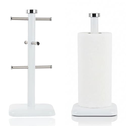 Image of UNIQUE CRAFTS Kitchenwares Stainless Steel 6 Cups Mug Tree Kitchen Storage Rack and Paper Towel Holder | Stainless Steel White Colour Coated |34cm Sturdy Anti-Slip Countertop Organizer (White)