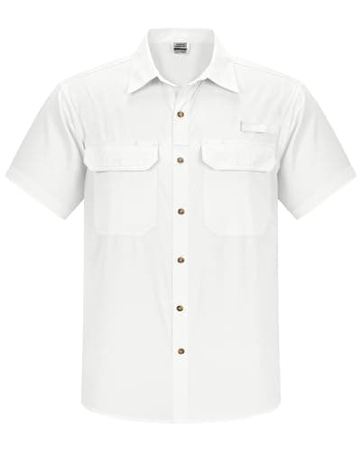 Image of Outdoor Ventures Men's Quick Dry Casual Shirts UPF 50 Button Down Hiking Shirts Lightweight Short Sleeve Cooling Shirt for Safari Fishing Golf Travel White L