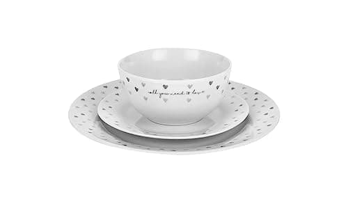 Image of 12-Piece Porcelain Dinner Set with Grey Hearts Pattern, White