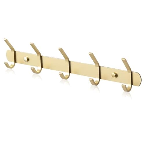 Image of Stainless Steel Coat Hooks - Wall Mounted Modern Metal Heavy Duty Coat Rack Row Hooks - Self Adhesive Hanger Towel Robe Clothes Hat Hook - Bathroom Bedrooms (Gold, 5 Hooks)