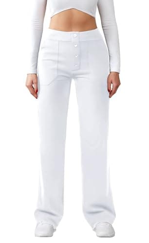 Image of Friptspyg Women's High Waist Wide Trousers Button Straight Leg Trousers Casual Work Trousers Stretch Yoga Trousers with Pockets, White, M