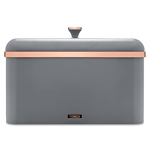 Image of Tower Cavaletto Bread Bin with Removable Lid, Large Capacity, Durable Steel Body, Grey and Rose Gold