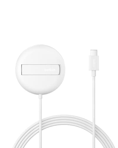Image of Belkin Magnetic Wireless Charging Pad 15W with Pop-Up Stand - MagSafe-Compatible Certified Qi2 Wireless Charger for iPhone 16, 15, 14, Samsung Galaxy S25, S24 Series, AirPods, & More (No PSU) - White