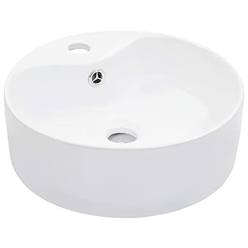 Image of vidaXL Ceramic White Wash Basin - Round Bathroom Sink with Overflow System and Faucet Hole for Above-Counter Installation